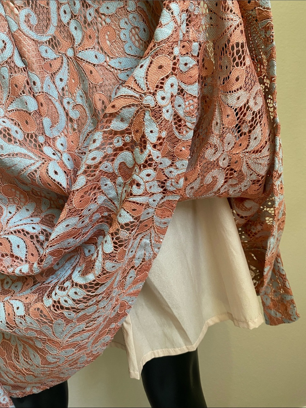 Women's Lace Overlay Fit-and-Flare Dress in Rust Orange and Light Blue - Picture 10 of 13